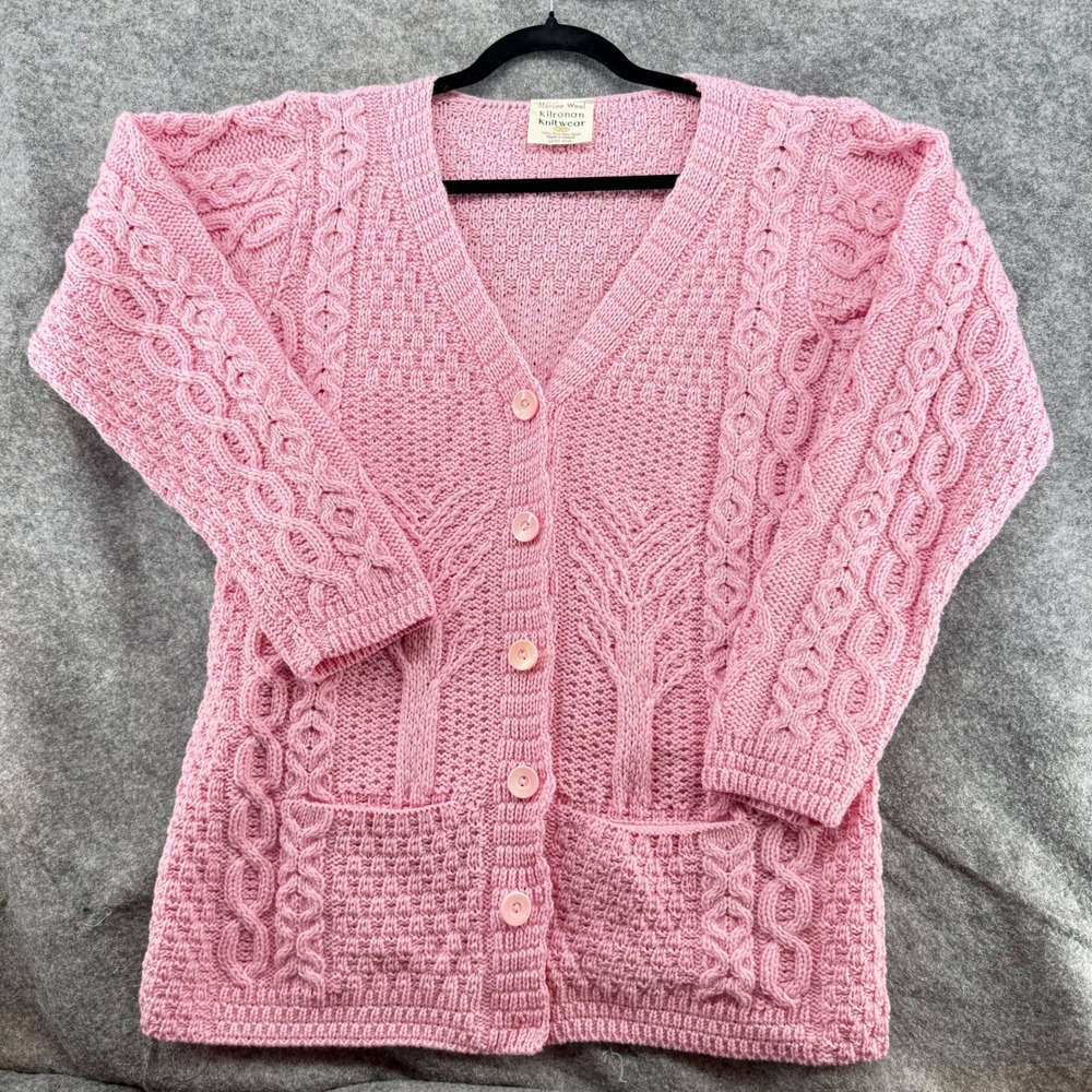 Kilronan Knitwear Cardigan Women Pink Merino Wool Aran Cable Knit Made n Ireland